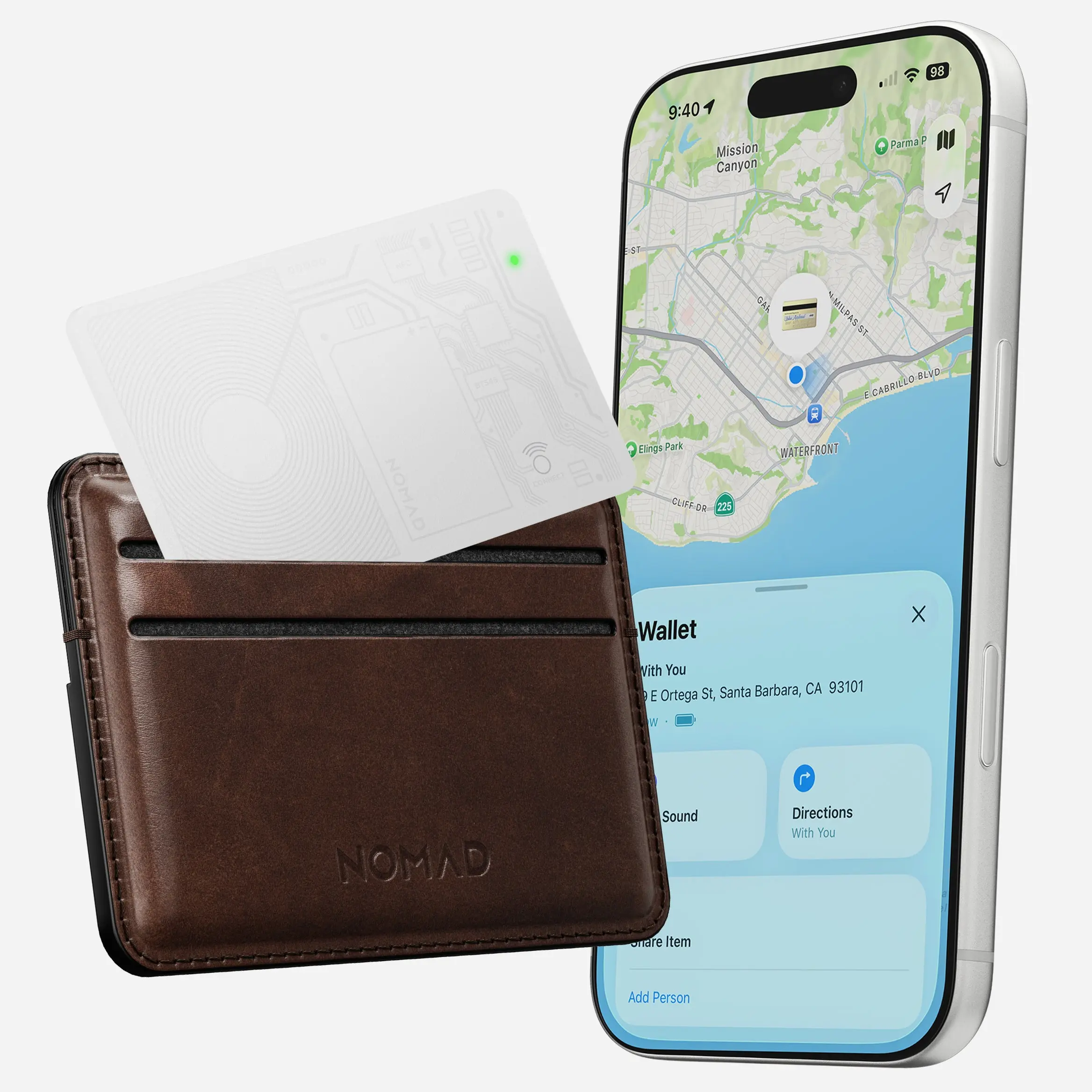 NOMAD Chargeable Wireless Charging Tracker Card - Wireless Key Finder, GPS Item Locator, Minimalist Business Wallet Accessory, White