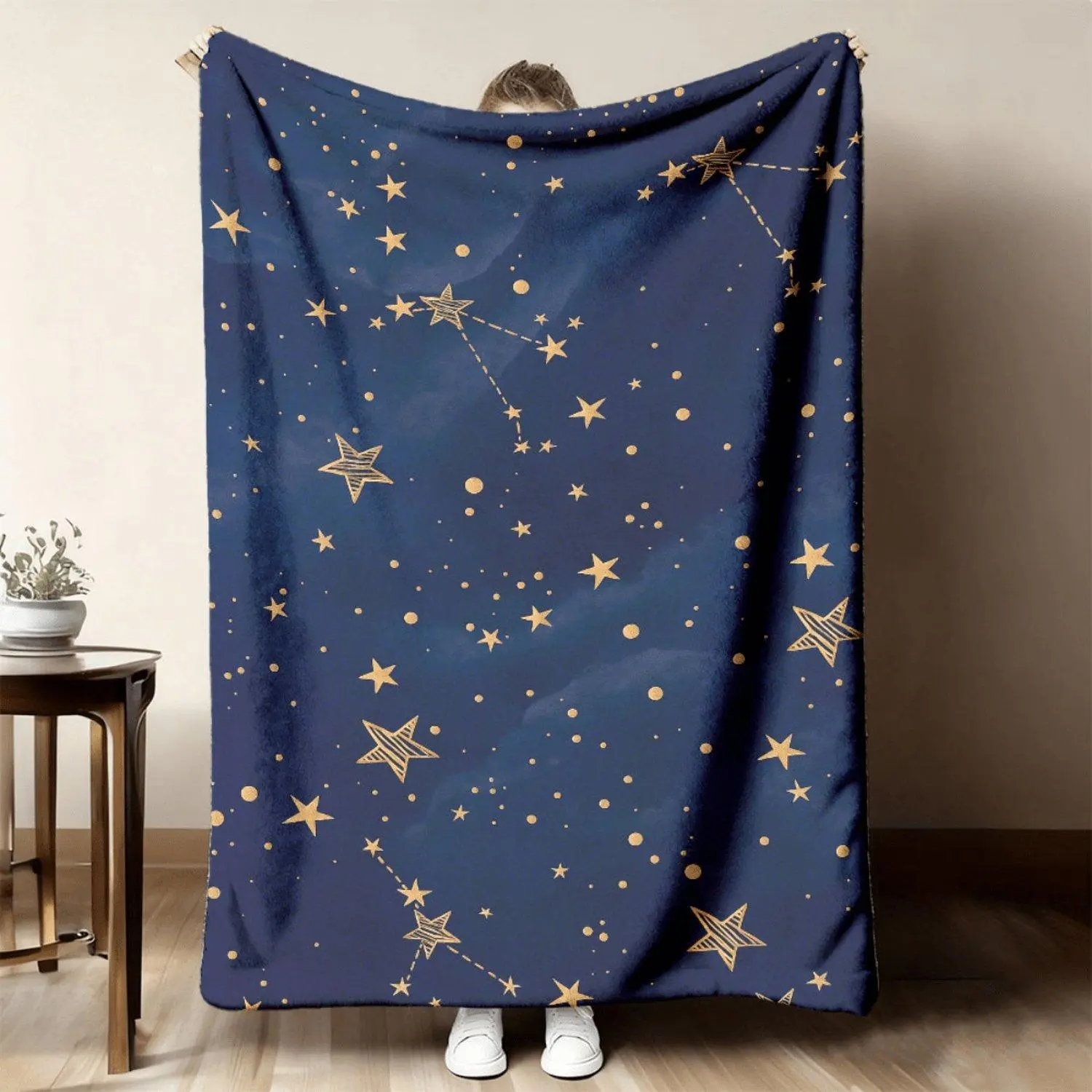 2026 New Arrivals 1pc UltraSoft Starry Night Digital Print Blanket Cozy AllSeason Throw with Modern Geometric Design, Dark Blue & Golden Stars, Perfect for Sofa or Bed Decor, Blanket for Couch, Contempo
