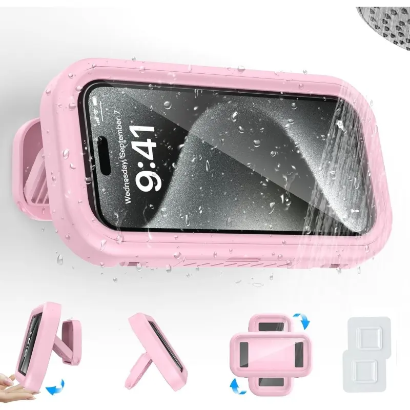 Humwam Waterproof 360-Degree Rotating Phone Holder & Mount - Punch-Free ABS Plastic Wall Hook Set with Sealed Cover, Sponge Pad, Adjustable Design, Handheld Stick, Touchscreen Safe, Easy Installation for Lazy Daily Use