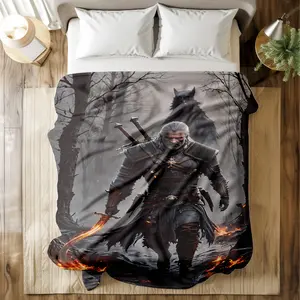 The Witcher Themed Printed Blanket with Dynamic Geralt & Wolf Scene (Dark Forest+Fiery Sword Detail) - Super Soft & Skin-friendly, Long-Lasting & Quick-Drying, Machine Washable, Multi-Size for Bed, Sofa, Travel, Camping & Office Naps, Ideal Gift for Fans