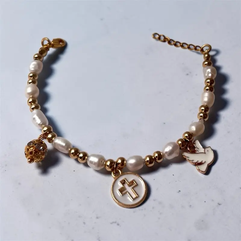 Freshwater Pearl bracelet for Baptism, First Communion, Quinceñera, Confirmation; Holy Trinity bracelet, yellow and white color