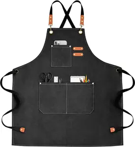 Canvas Chef Apron for Men - Washable, Comfortable, Breathable, Cross Back with 3 Pockets, Adjustable Buckle, Cotton-Leather-Microfiber Material, Gift Ready for Cooking, Painting Paint Cleaning Kitchen Baking Baking Kitchen