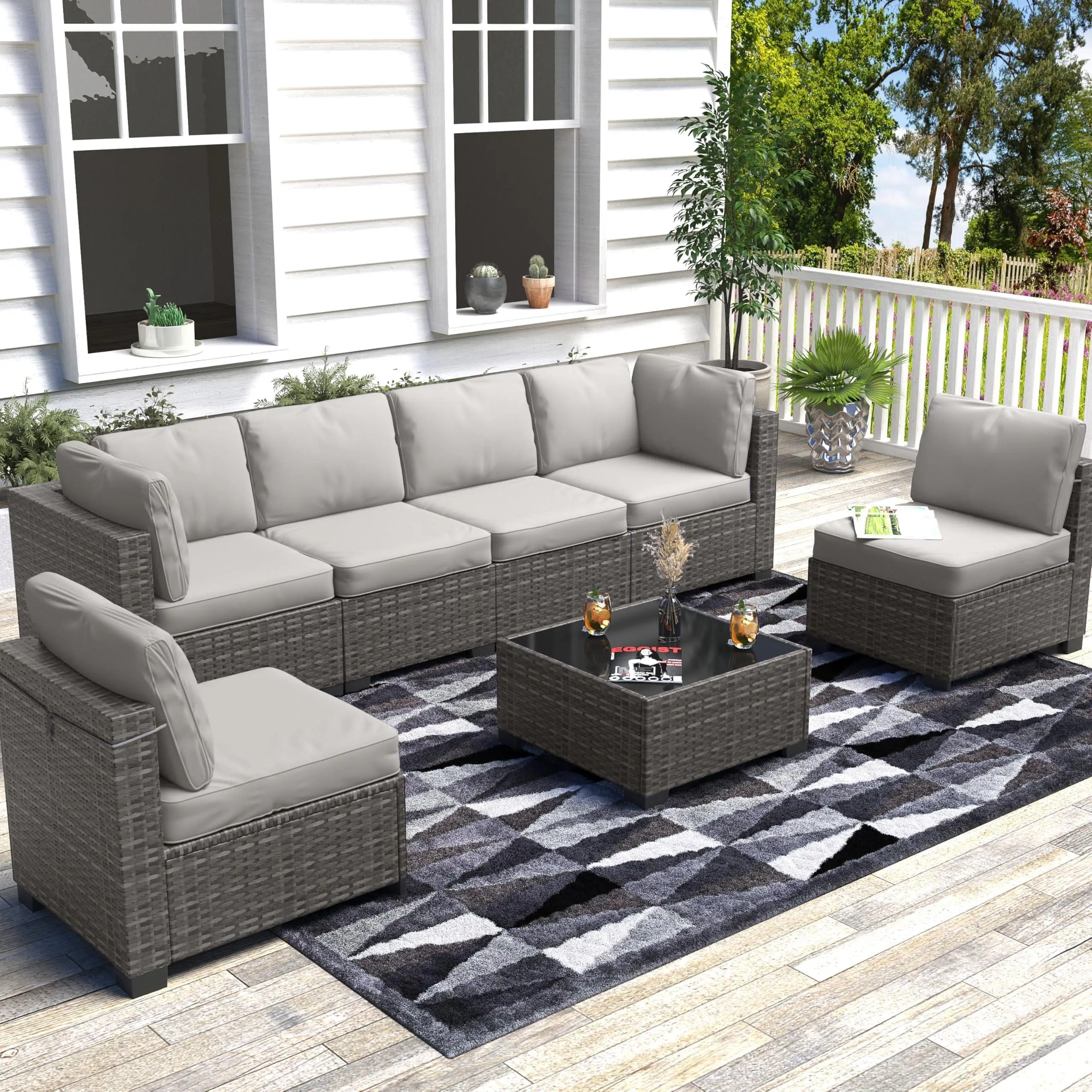 Gaomon 7-Piece Wicker Rattan Outdoor Patio Sectional Conversation Set - Corner Sofas with Coffee Table & Cushions for 6 Guests, Grey & Light Grey, Patio Furniture Sets, Porch, Rugged/Rustproof/Proven Durability Outdoor Furniture