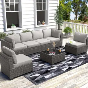 Patio Furniture Set, 7-Piece Outdoor Couches for Patio, Wicker Sectional Sofa with Coffee Table and Cushions for Outside, Garden, Balcony, Porch,Grey & Light Grey