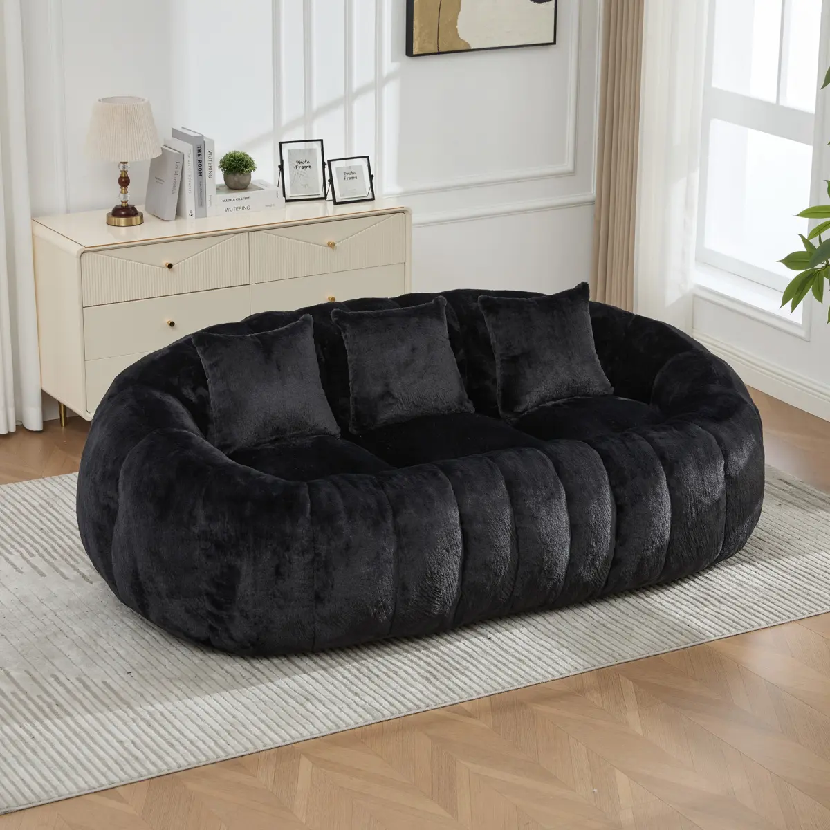 74.8-Inch Faux Fur Boneless Loveseat Sofa, Floral-Shaped Cloud Couch with Oversized Deep Seat, Shredded Foam Fill and Plush Upholstery, 2-Seater Floor Sofa with No Assembly Required for Living Room, Bedroom, Apartment, Gaming Room or Lounge Area