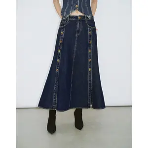 URBAN REVIVO 2026 Spring Women's Cotton-Denim Fabric A-Line Mid-Maxi Pantskirt Clothes - Button Detail, Medium Thickness, XXS to XXXL Women's Bottoms UWG840099