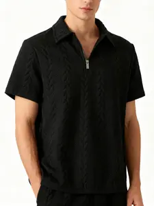 Men's Knitted Texture Polo Shirt Short Sleeve Quarter Zip Collar Top Vintage Classic Jacquard Tee for Golf Vacation Casual Wear