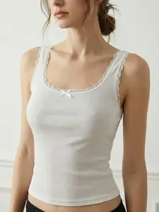 Ribbed Knit Lace Cami Tank Top for Women - Bow Accent Square Neck Sleeveless Top, Casual Summer Basic for Layering & Daily Wear