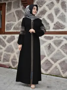 Elegant Arabic Fashion Zipper Muslim Dress for Women, Loose-Fitting Ethnic Pattern, Casual Style, All Seasons Wear, No Ca Prop 65