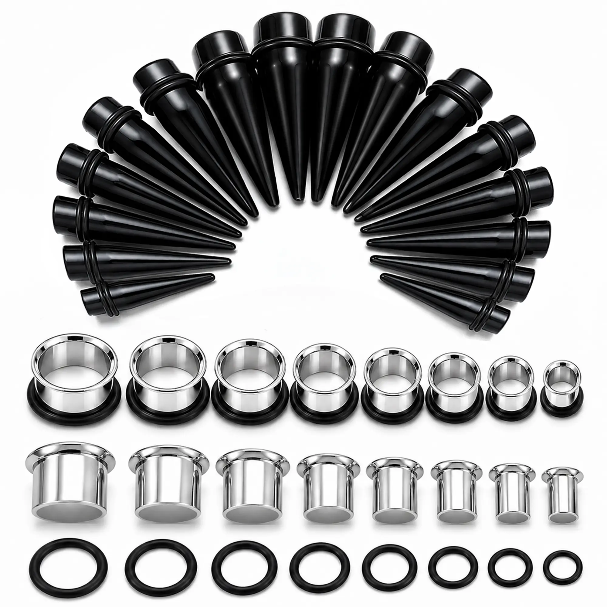 BodyJ4You Ear Stretching Kit: Black Steel Tunnels & Acrylic Tapers, 00G-25mm