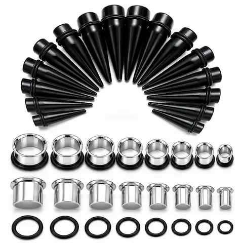 BodyJ4You 36PC Big Gauge Ear Stretching Kit 00G to 1 Inch - Steel Single Flare Tunnels and Acrylic Tapers with O-Rings - Black, Clear or White