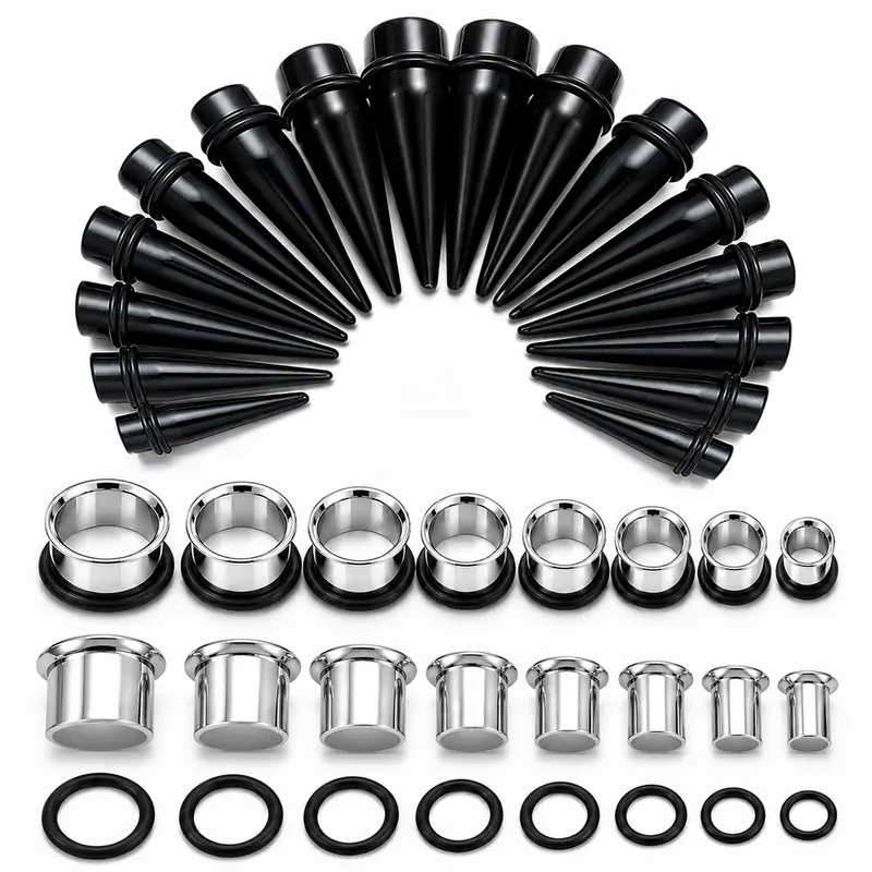 BodyJ4You 36PC Big Gauge Ear Stretching Kit 00G to 1 Inch - Steel Single Flare Tunnels and Acrylic Tapers with O-Rings - Black, Clear or White