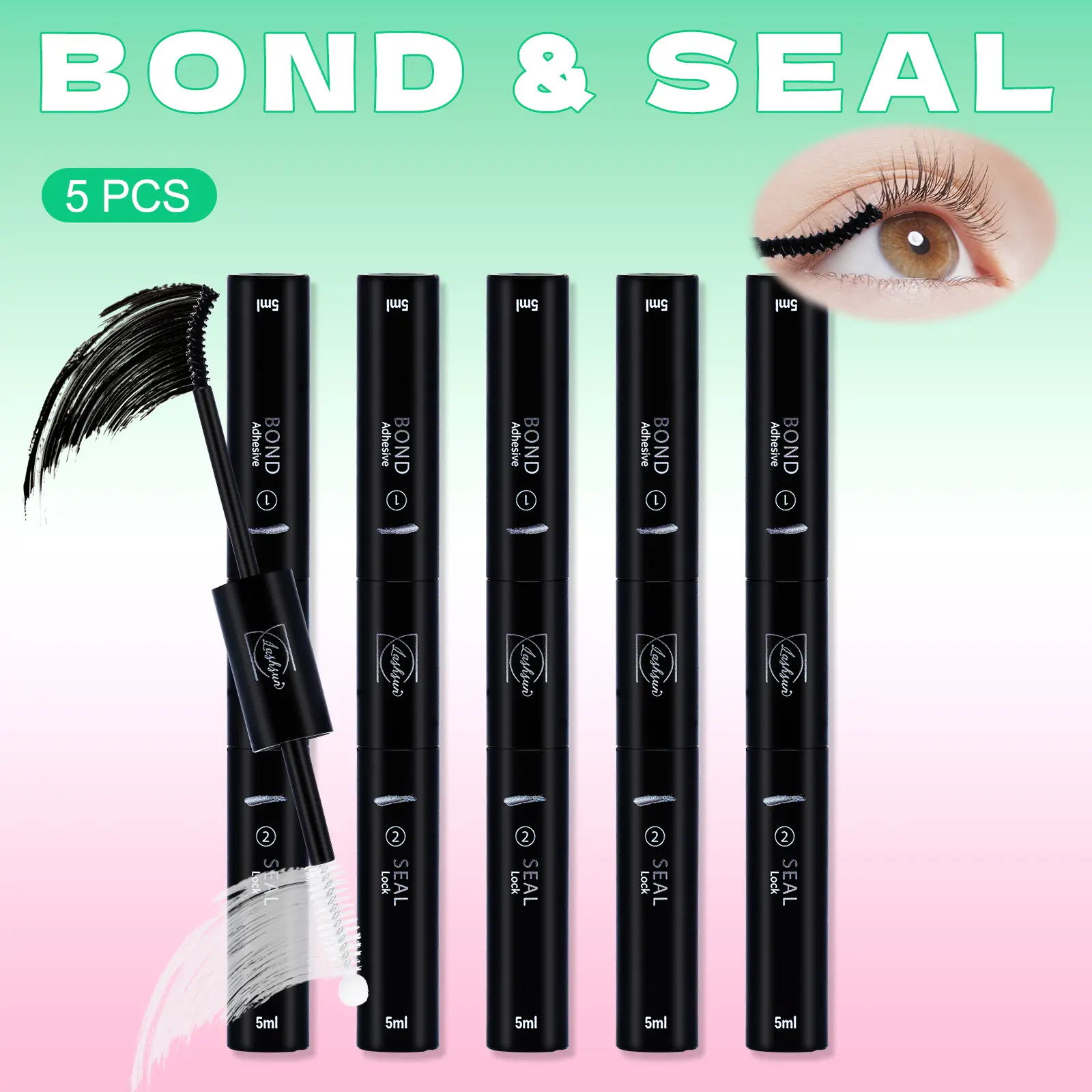 Lashsun 5pcs Eyelash Bond And Seal Waterproof Eyelash Extension Eyelash Cluster Glue, 2-In-1 Eyelash Cluster Eyelash Glue DIY Eyelash Extension At Home (Bonding And Sealing, 10ML)