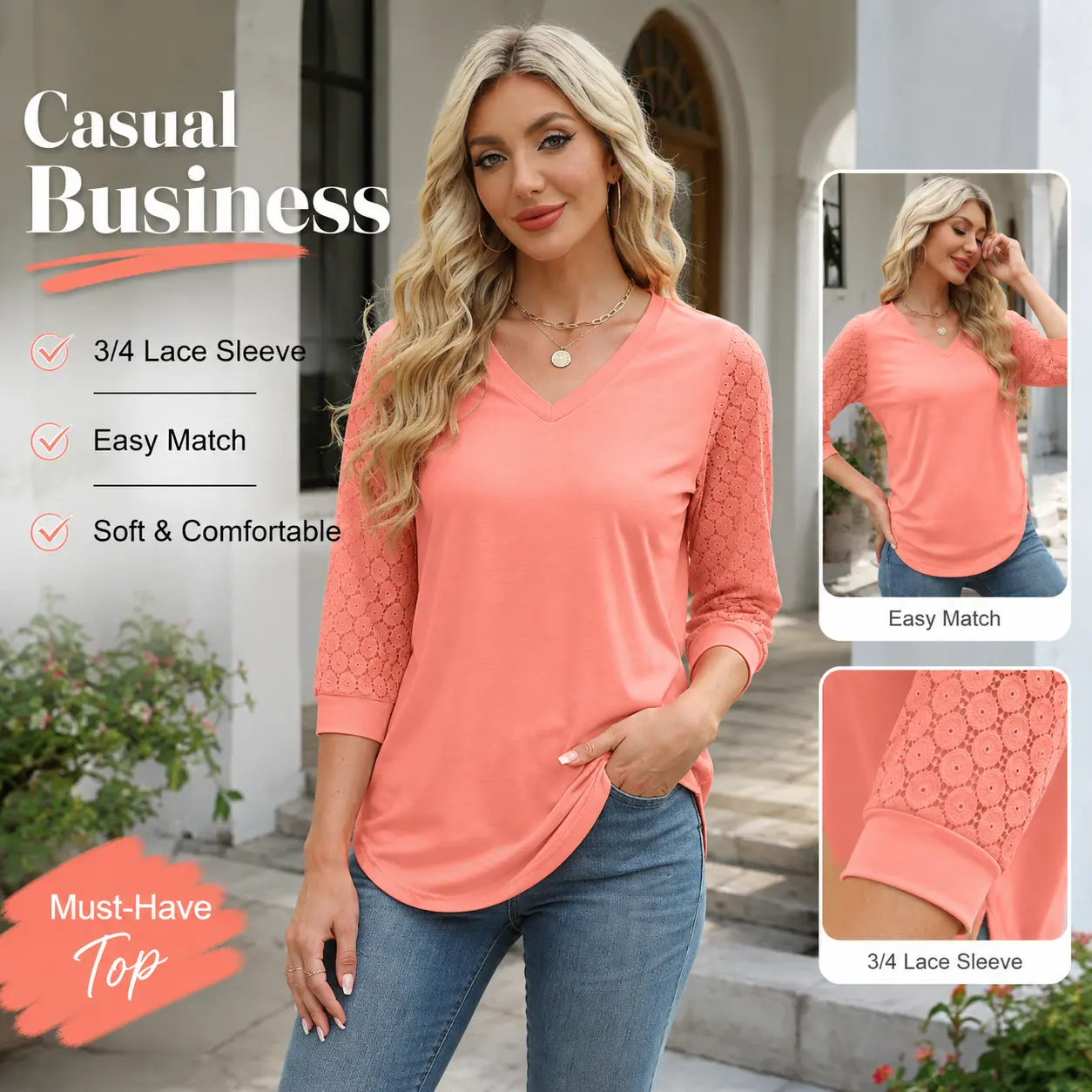 WIHOLL 3/4 Length Sleeve Womens Tops V-Neck Lace Tunic Tops Business Casual Blouses 2026 Elegant Womenswear