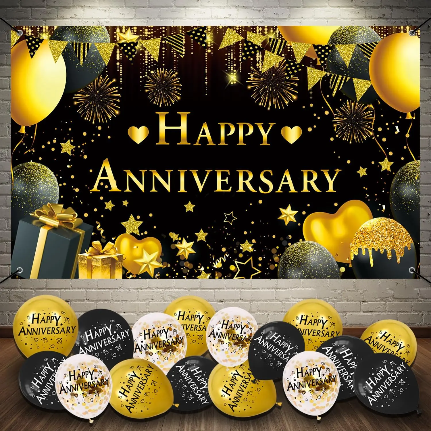 Happy Anniversary Banner Black Gold, Happy Anniversary Decorations, XL, 5.9x 3.6Ft, 18Pcs Happy Anniversary Balloons Anniversary Decorations