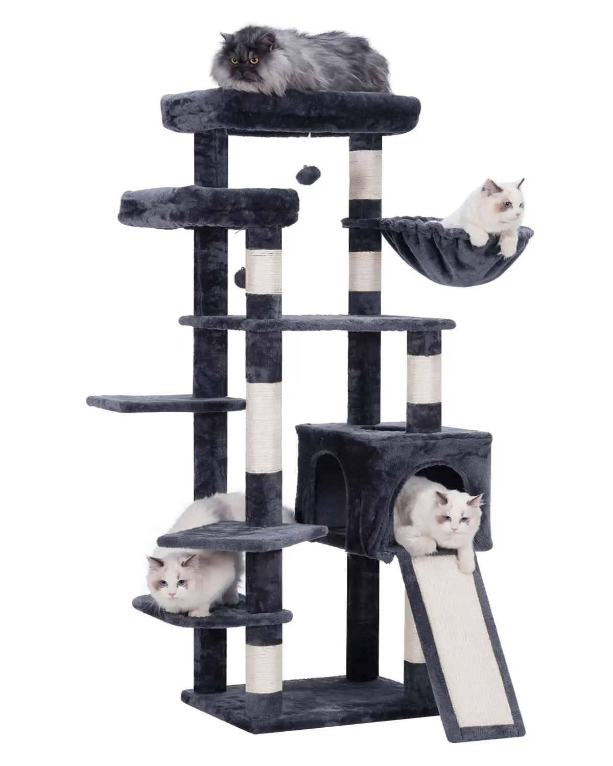 Hey-brother Cat Tree for Indoor Cats 62.6" Cat Tower with Scratching Post Cat Condo with Two Large Platforms Hammock Big Scratcher Smoky Gray MPJ029G