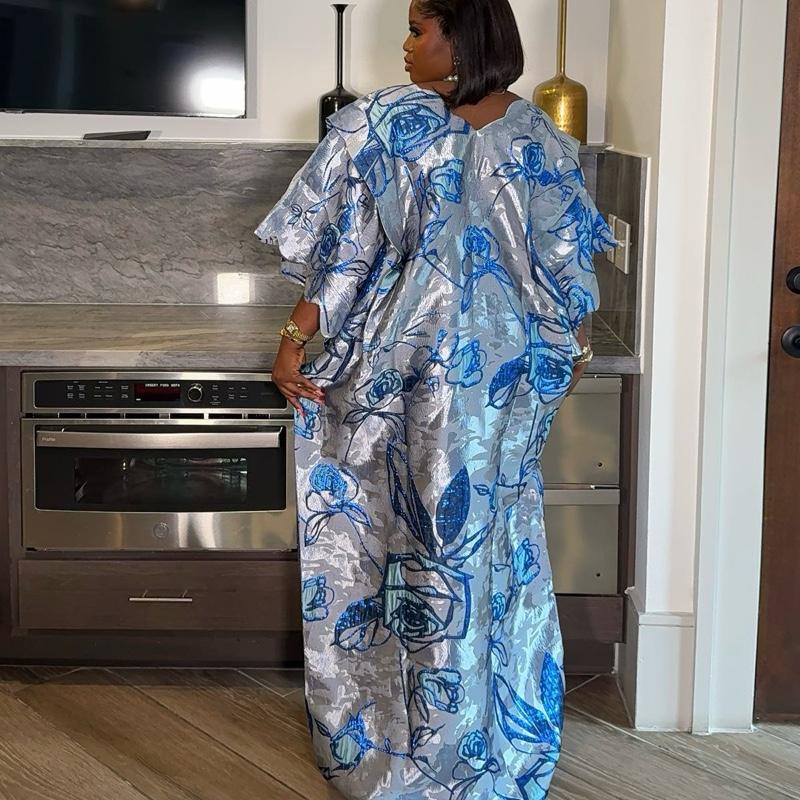 Arwa Brocade Elegant Dress for Women - Blue Floral Design on Gray Fabric with a ruffled sleeve and classic cut for any occasion