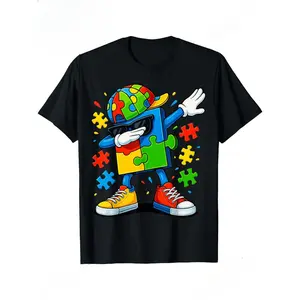 Dabbing Puzzle Autism Awareness T-Shirt Casual Breathable Tee, Stylish Summer Top, Outdoor Cloth 100% Cotton, Halloween Thanksgiving Christmas Gift for Men Women Family Friends