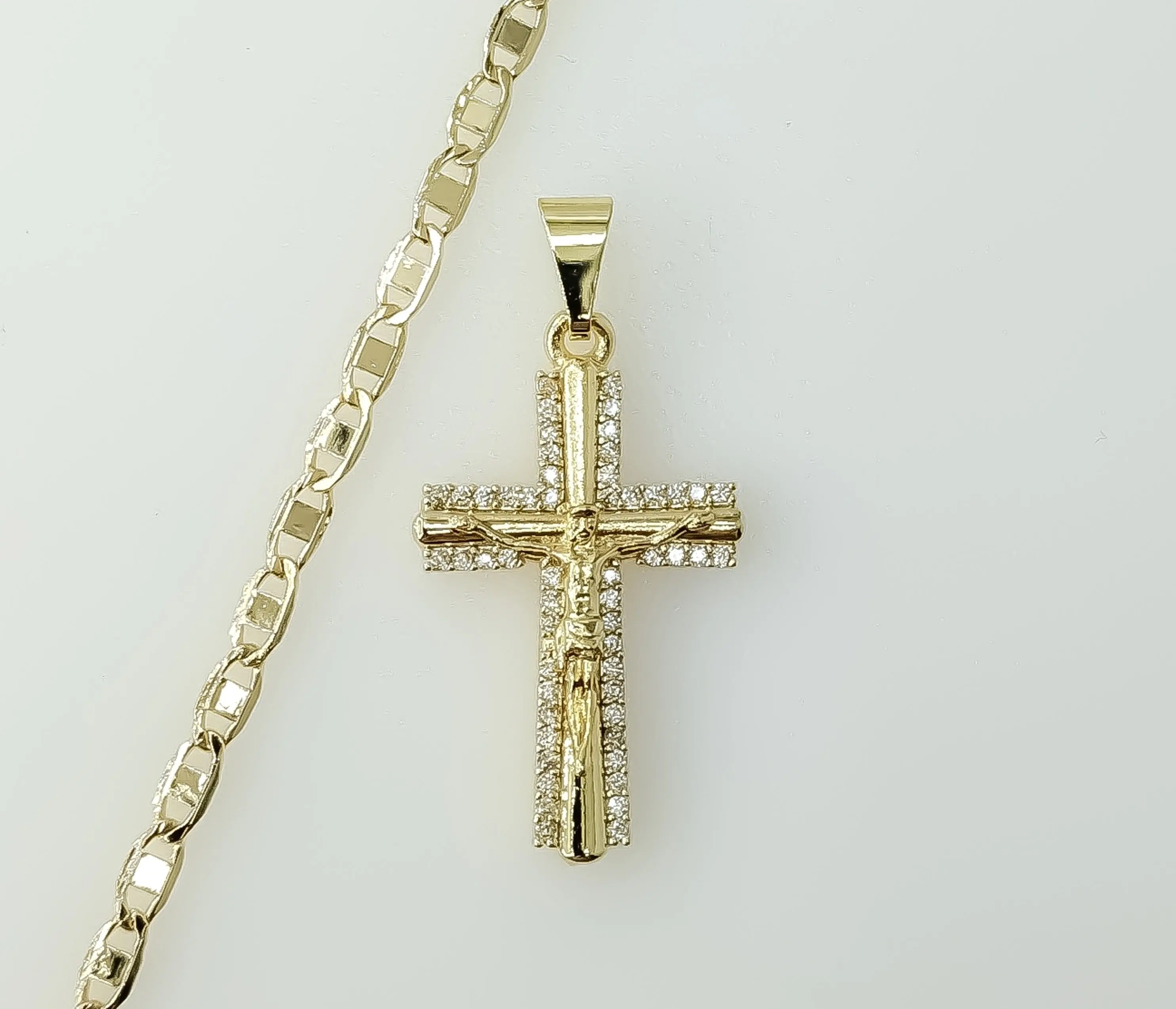 Small Cross Jesus Christ Crucifix Golden Plated 3mm Flat Mariner Anchor Chain