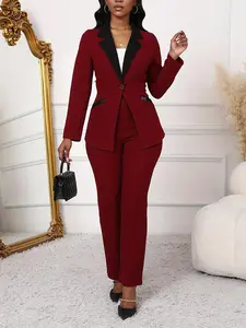 Two-piece Set Women's Colorblock Lapel Neck Pocket Button Blazer & Pants Suits, Elegant Fashion Two Piece Outfits for Work Office Business, Ladies Clothes for All Seasons