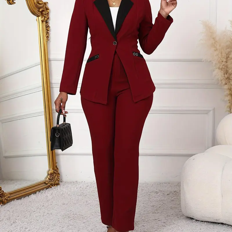 Two-piece Set Women's Colorblock Lapel Neck Pocket Button Blazer & Pants Suits, Elegant Fashion Two Piece Outfits for Work Office Business, Ladies Clothes for All Seasons