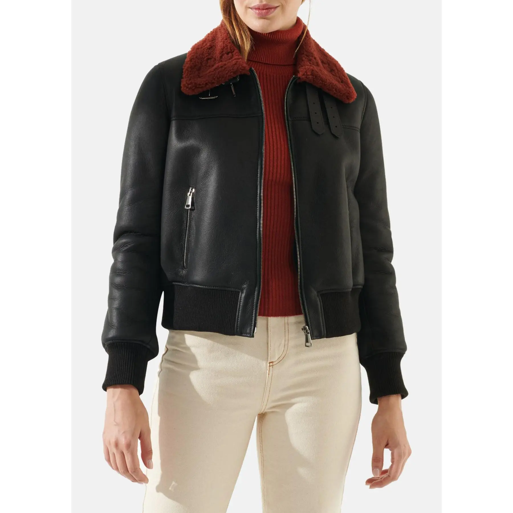 Womens Authentic Black Shearling Leather Jacket