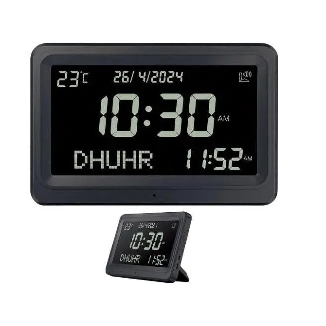 Adhan Prayer Clock with Dual Calendar Display – Digital LCD, 8 Sounds, Prayer Alarms for 6000 Cities, Battery-Powered