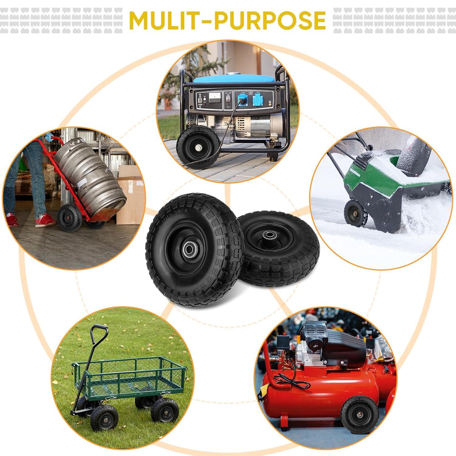 Solid PU Run-Flat Tire Wheel, 2-Pack,  450 lbs Static Load, Flat Free Tubeless Tires and Wheels for Hand Truck, Utility Cart, Dollies, Garden Trailers, Various Carts