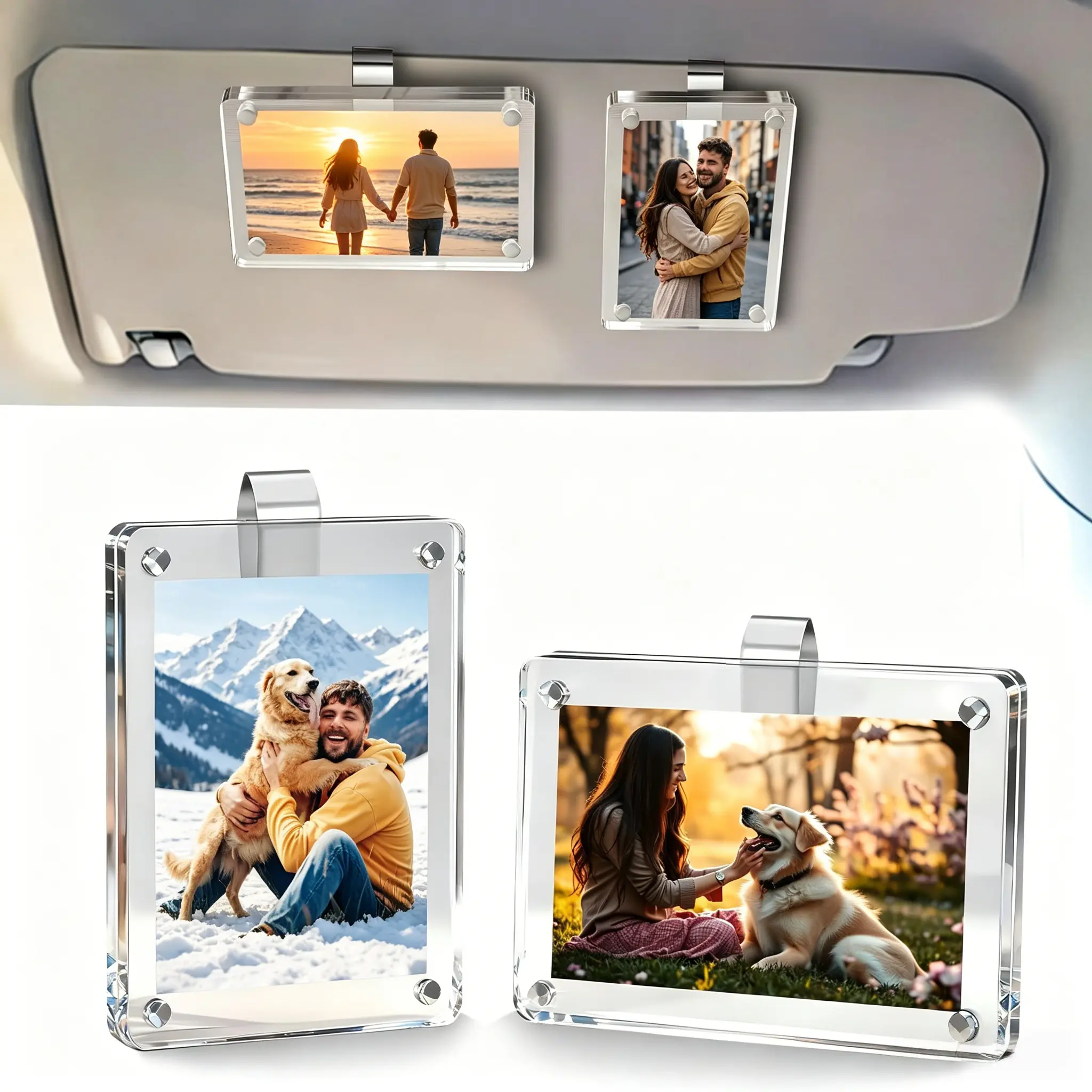 2 Pack Magnetic Clear Acrylic Car Photo Holder, Horizontal Vertical Car Visor Picture Clip, Personalized Car Picture Frame for Couple Lover, Family, Pet & Individual Photos
