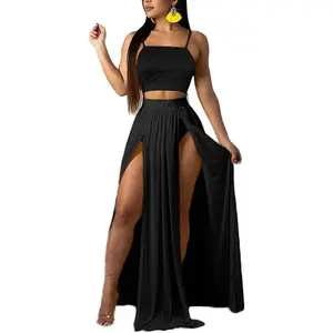 Women Sexy 2 Piece Outfits Dress Chiffon Strap Deep V Neck Bra Crop Top High Split Maxi Dresses Skirt Set