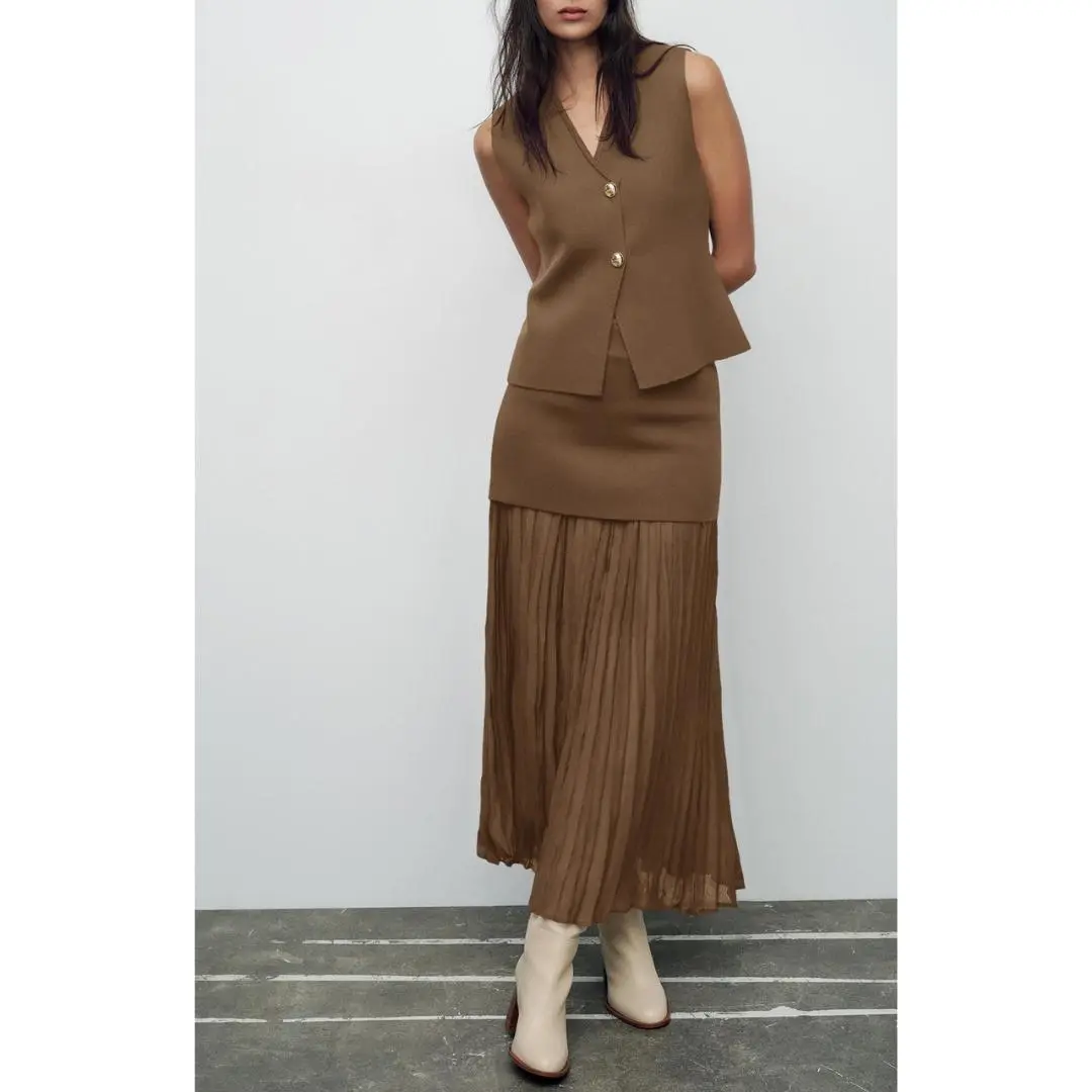 Women's 2-Piece Formal Knit Suit Set, Summer Chic Casual Comfortable  Women's Clothes - Fitted V-Neck Sleeveless Button Vest Waistcoat, Basic  Fabric High-Waist Dressy Mesh Maxi Skirt (Stylish Design) - TikTok Shop