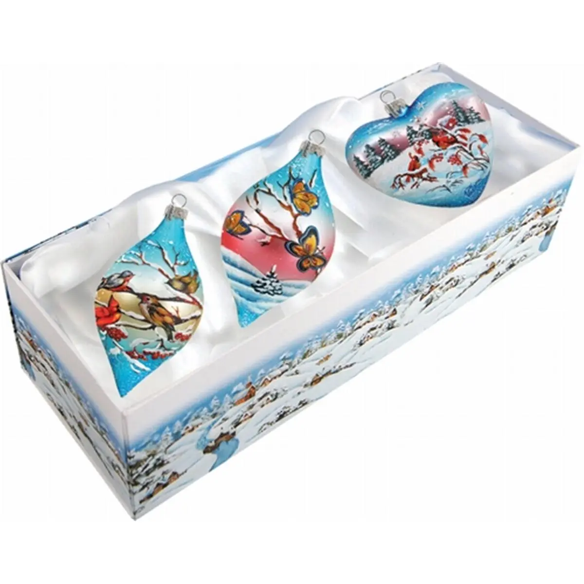G.Debrekht 74120-B3 3-Piece 5.5 in. Holiday Splendor Transparent Landscape Painting Novelty Glass Hanging Sing Song Ornament Set, Festive Home Decor, Novelty Glass Hanging Ornaments