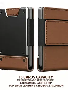 Men's Minimalist Wallet, RFID Blocking Slim Design, 18+ Card Slots, 10+ Cash Straps, Leather & Metal Material, Secure & Stylish, Wallet for Men