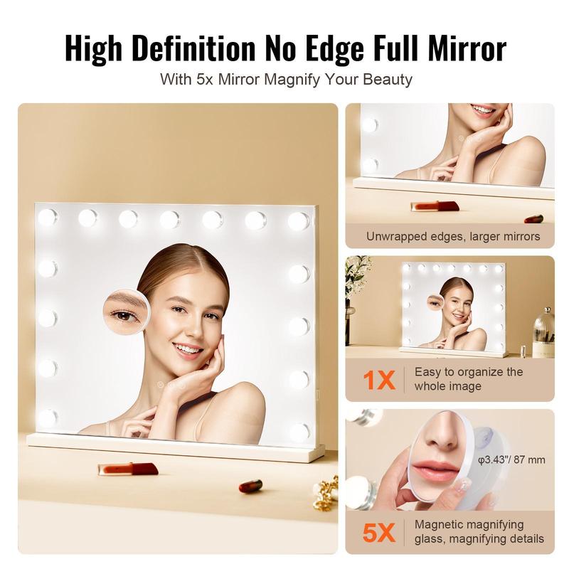 VEVOR Hollywood Vanity Mirror With Lights, TikTokShopBlackFriday,15 Dimmable Bulbs &3 Color Lighting Modes, Makeup Mirror w/ Detachable 5X Magnification,USB Port,Smart Touch Control,Desktop Wall-mount(22.8x18.1 in, White)