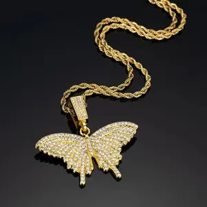 Butterfly Hip Hop Gold Silver Plated Cubic Zirconia Medal Pendant & 4mm 18" 20" 24" Rope Chain Bling Necklace Jewelry Unisex Men Women