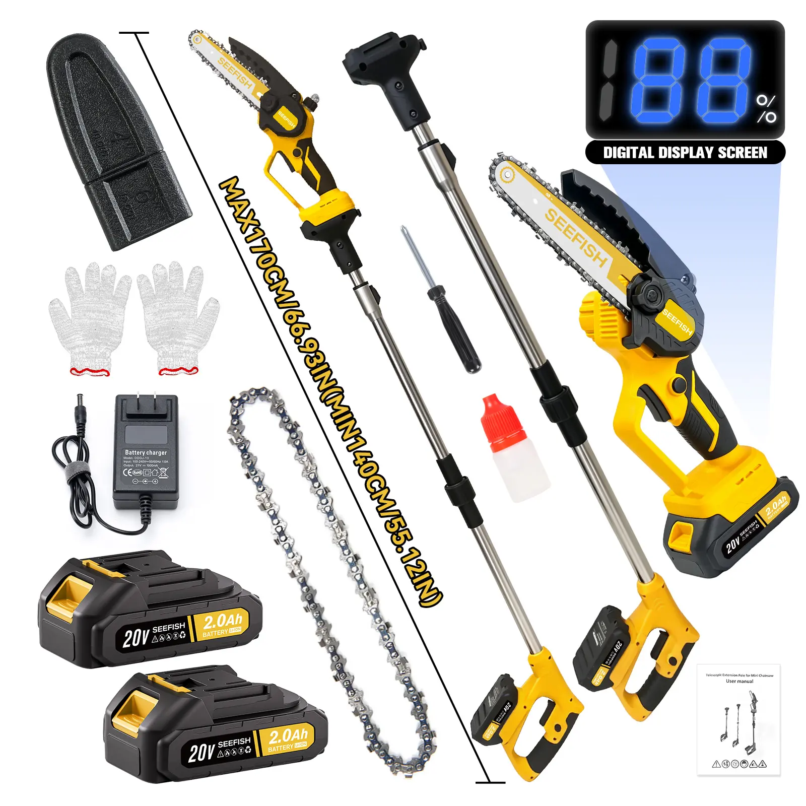 2-in-1 Cordless Tree Trimmer Pole Saw & Mini Chainsaw, Electric Power Tool with 2 Batteries for Tree Trimming