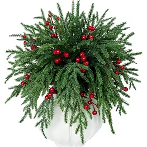 Set of 40 Artificial Norfolk Pine Branches with Red Berry 12.8" Christmas Greenery Picks Norfolk Pine Stems  Pine Tree  Sprigs for Vase Filler DIY Craft Garland Home Decorations (Green)