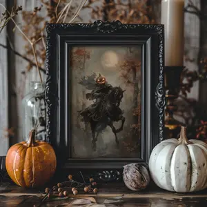 Pumpkin Rider | Dark Moody Artwork, Halloween Prints, Goth Witch Home Decor, Dark Academia, Gothic Home Decor, Oil Painting Aesthetic