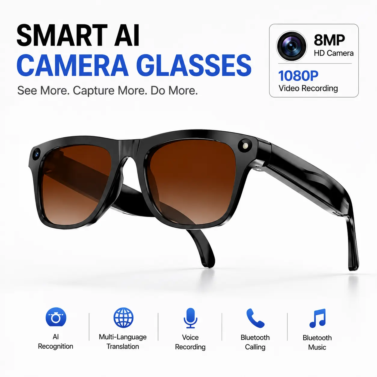 Wireless Smart Glasses, AI-Powered 8MP Camera Glasses with 1080P HD Video Recording, Hands-Free Wearable, AI Recognition, Language Translation, Voice Recording, Bluetooth Calls & Music for Travel, Vlogging