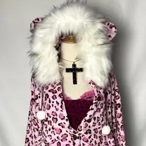 Y2k new kawaii pink leopard print plush warm women zipper sweatshirt high street Harajuku cute casual zipper hoodie