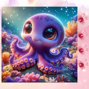 5D DIY Full Drill Round Diamond Painting Kit - Cute Octopus, Underwater, Coral Mosaic, Canvas - DIY Decorative Painting, Home Wall Decor, Suitable for Halloween, Christmas, Birthday, and Anniversary Gifts.