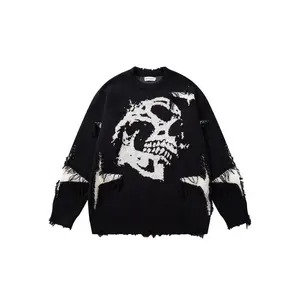 Men’s Gothic Skull Star Patchwork Sweater, Casual Crewneck Knitwear for Autumn & Winter, Stylish Distressed Design, Trendy Street Style