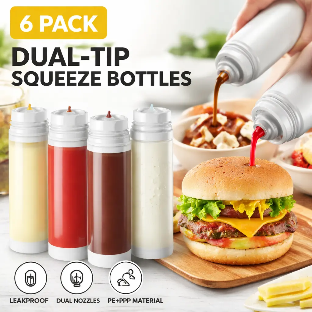 Upgraded 6pcs Condiment Squeeze Bottles - 16 oz Inverted Design with Sealing Gaskets, Self-Closing Valve, Easy-Fill Clear Plastic for Sauces, Ketchup, Dressings - Kitchen Household Products, Seasoning Utensils