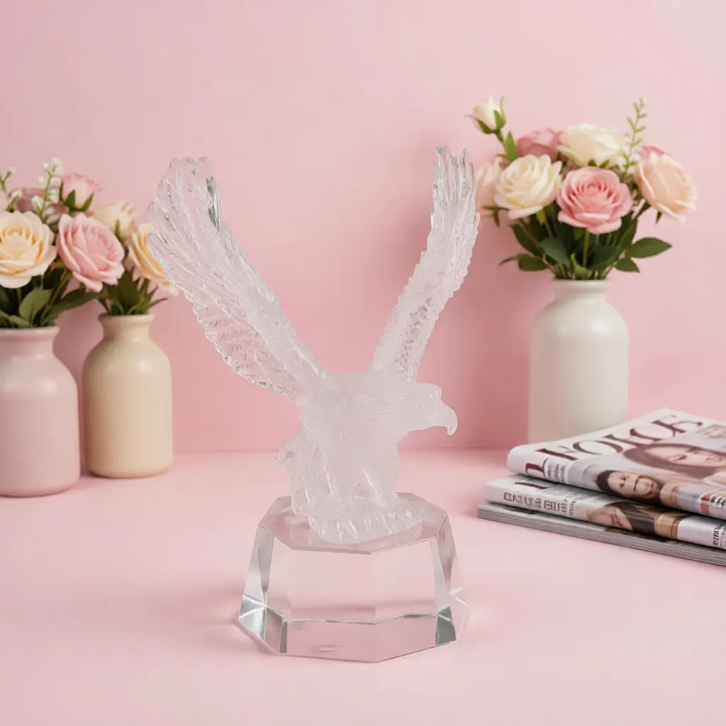 Multi natural crystal spread-wing eagle carving, ambition stone office feng shui career success souvenir trophy decor