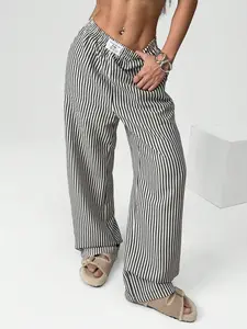Women's Striped Bubble Fabric Casual Straight Leg Wide Leg Pants, All-Season Versatile Slimming Trousers, Comfortable and Stylish