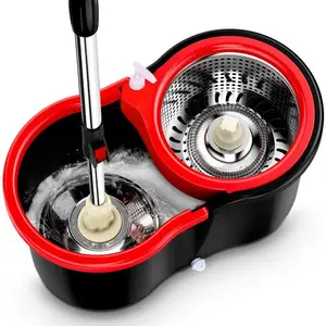 Mop and Bucket Set 360° Spin Mop with Wringer 4 Microfiber Refills for Black 2 for Blue Stainless Steel 44" Handle for Floor Cleaning