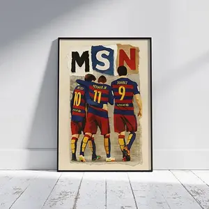 MSN Barcelona Digital Collage Poster| Messi Neymar Suárez Wall Art Framed Art Print Red And Blue Football Jersey Design With Messi Neymar Jr And Suarez Names And Numbers For Home Decor