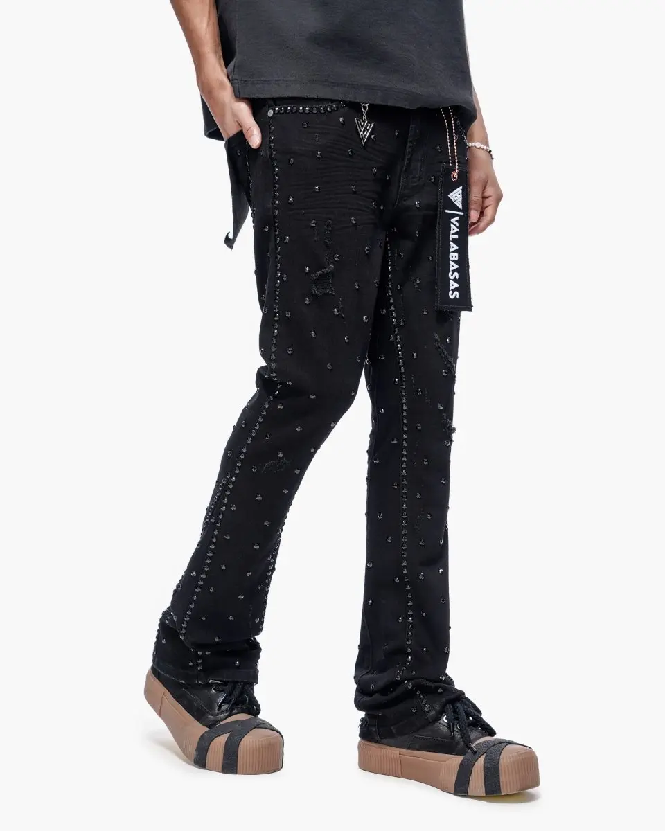 Menswear Canal Stacked Denim Jeans, Jet Black, Spandex-Blended, Stretch, Distressed, Casual Fashion Denim, True-To-Size