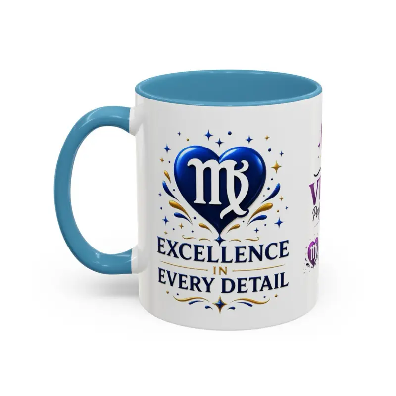 Virgo Zodiac Sign 11oz Ceramic Coffee Mug - 2-Tone Accent Handle, Detail-Oriented Astrology Gift, Blue Design