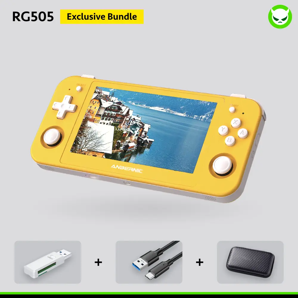 【Amazing Bundle】Anbernic RG505【Buy 1 Get 1 Game Card+1 Card Reader+1 Fancy Case+1 Screen Protector+1 Type-C Cable】Handheld Game Console 4.95-inch OLED Touch Screen Android 12 Unisoc Tiger T618 Google Store Ready to Play Gift Package, Portable, Protection,
